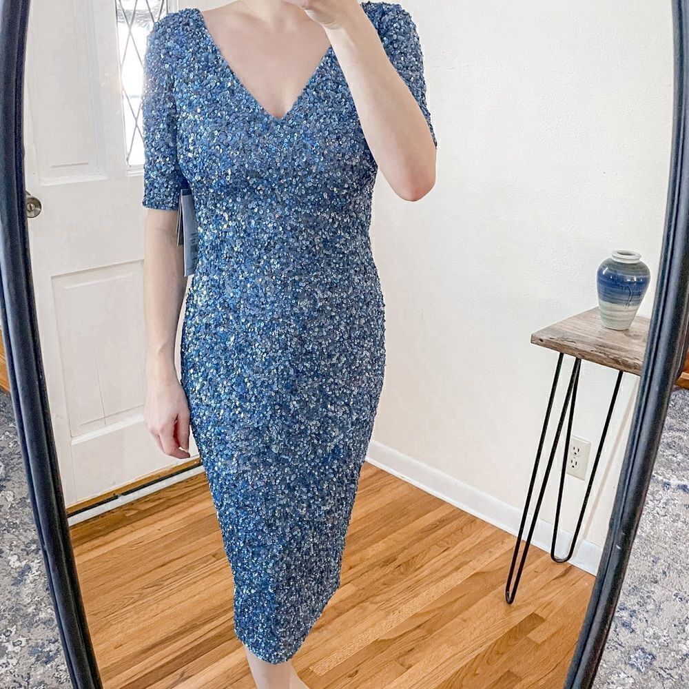 Theia Sequin Midi Dress Dusty Blue 6